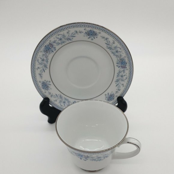 Cup Saucer Blue Hill 2482 Noritake China Tea Coffee Collection Silver Rim Blue - Picture 8 of 12